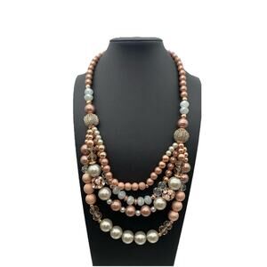 Multi Layered Faux Pearl Faceted Beads & Rose Gold & Rhinestone Necklace